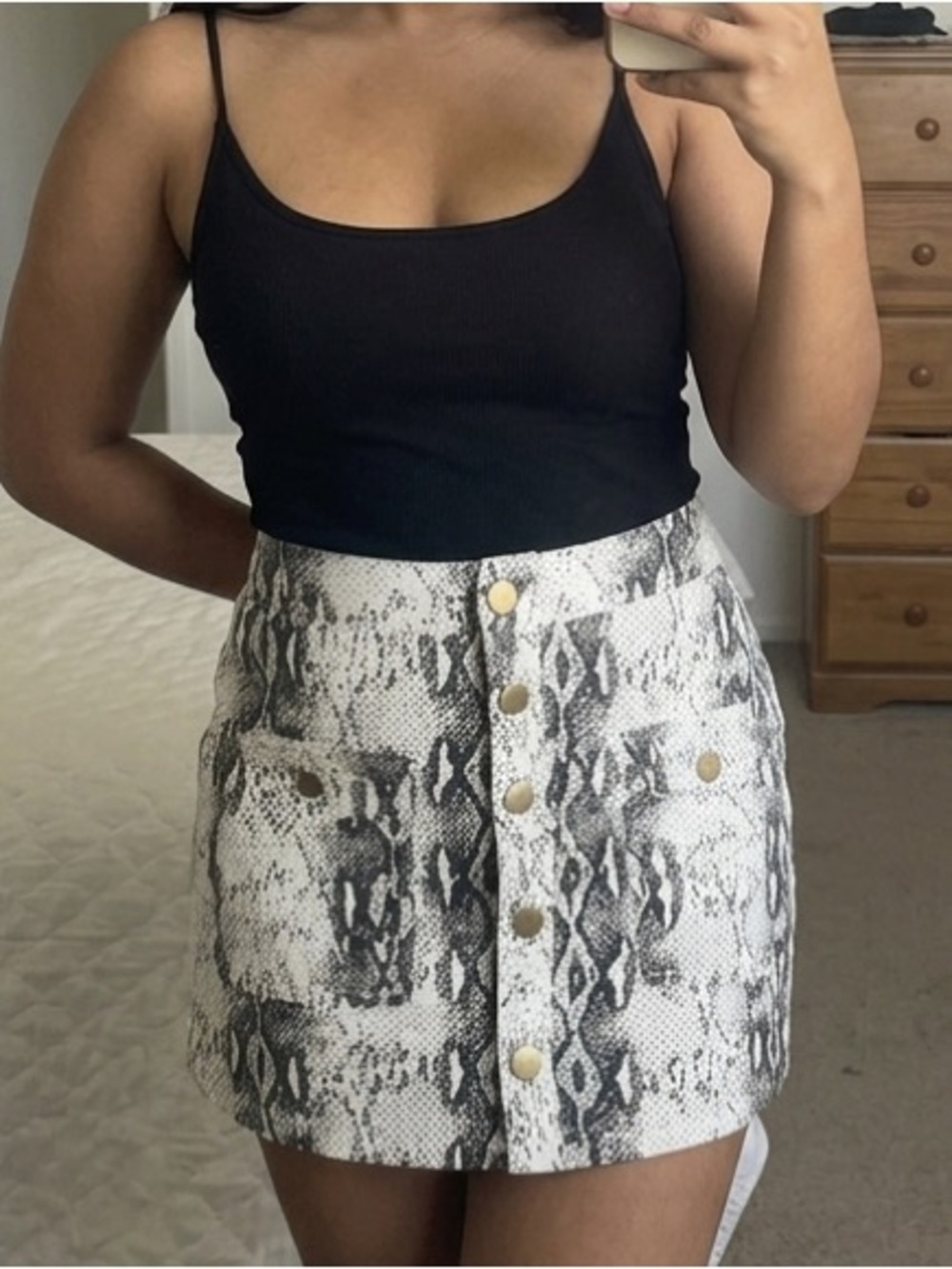 Fashion Nova White & Black Snake Print Button-Front Mini Skirt